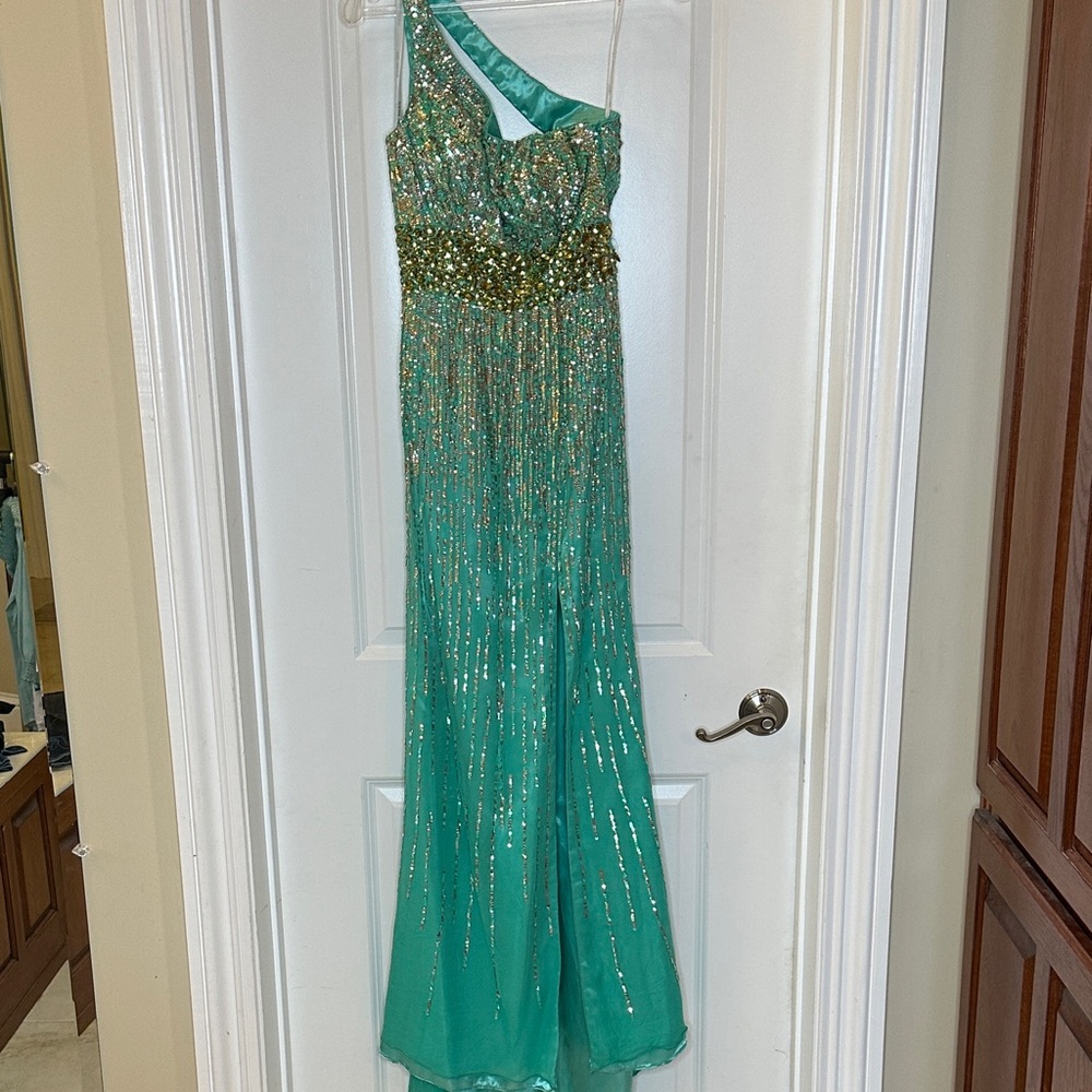 Sherri Hill Teal Sequin One-Shoulder Dress